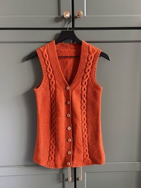 Handmade Crochet Sweater Vest, Cable Knit V-Neck, Burnt Rusty Orange S